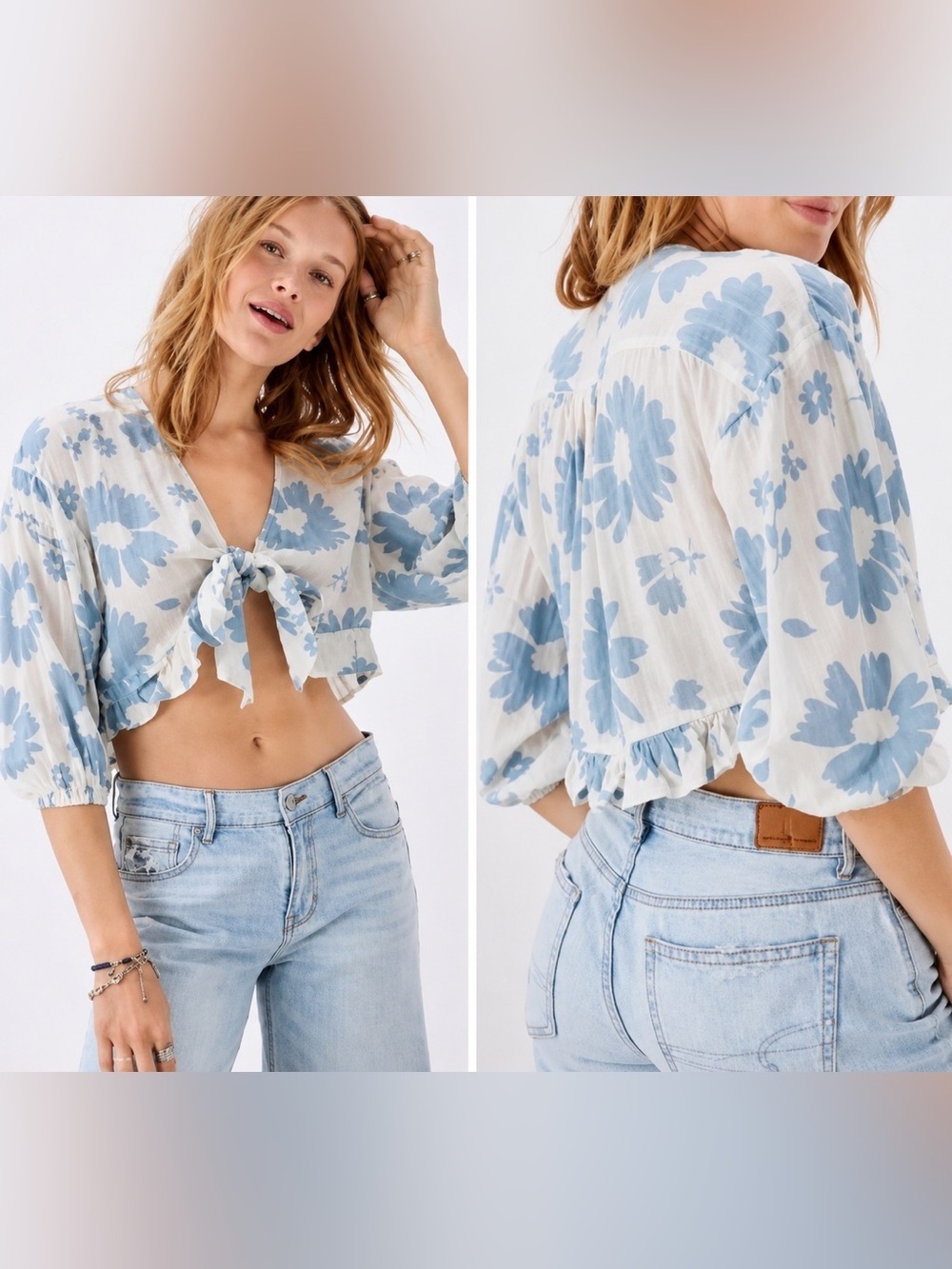 American Eagle blue floral tie front crop top, medium